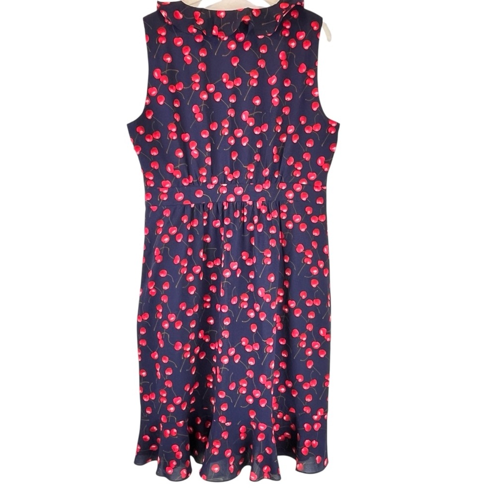 J Crew Factory Cherry Print Dress Ruffled Neck and Hemline Faux Wrap Navy Red 12 - Picture 3 of 11
